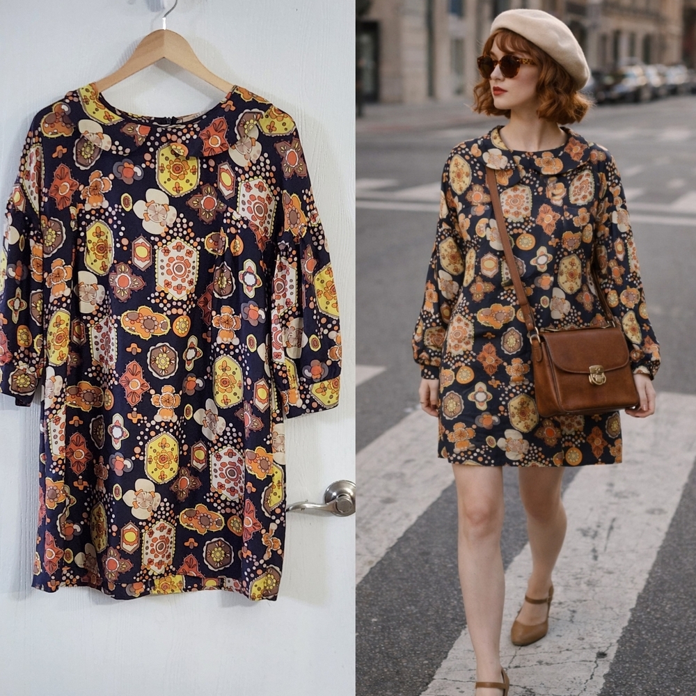 See By Chloe Geometric Print Silk Multicolor 3/4 Sleeves Dress